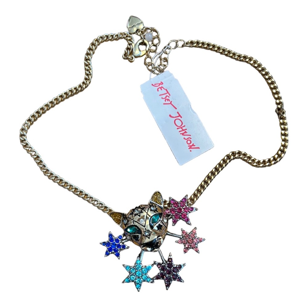 Betsey Johnson Leopard Crystal Starburst Gold Tone Chain Necklace